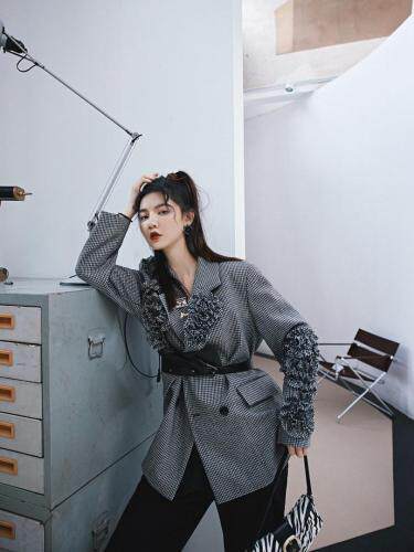 夹棉千鸟格西装外套，女装西装，YOUER DENG