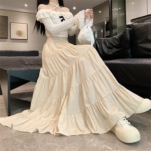 蛋糕长裙女2024新款秋季高腰设计感A字裙子杏色半身裙中长款图片