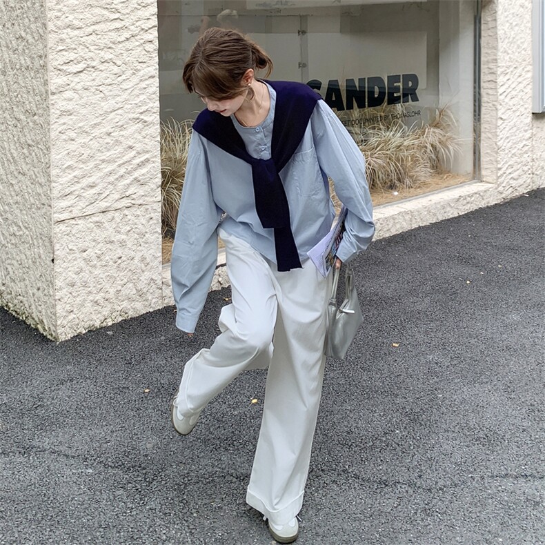 已出货蓝色衬衫送披肩＋白裤子套装2C198-6521-P165K258,女装套装/套裙,2C198