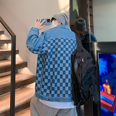 水洗牛仔外套女设计感小众棋盘格拼接棒球服J2117P60，男装夹克，星座1116-2