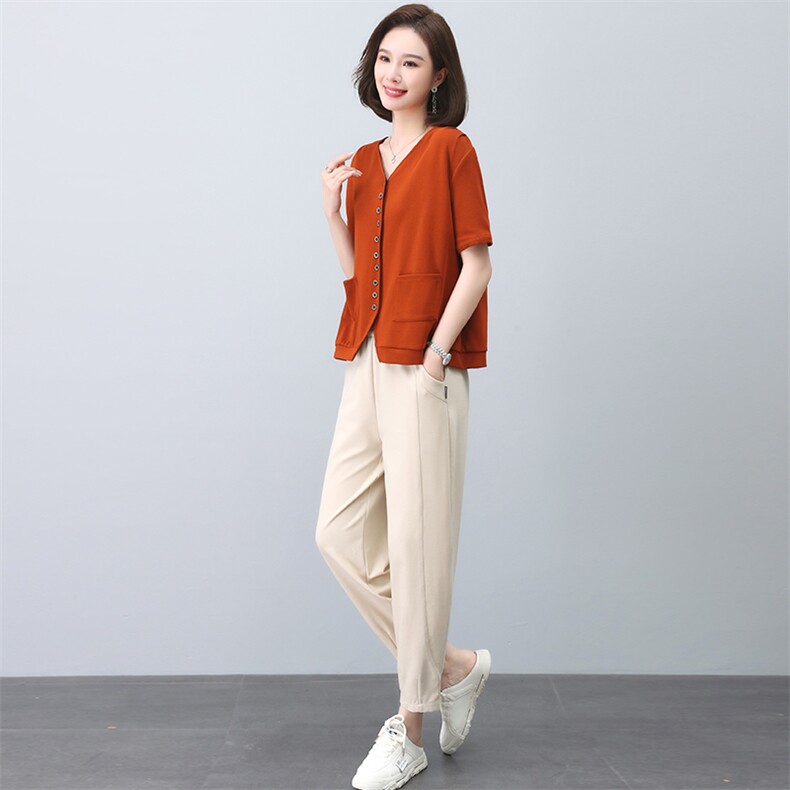 休闲套装女夏2023年新款时尚洋气V领衬衫年轻妈妈气质减龄两件套，女装套装/套裙，忆绮罗
