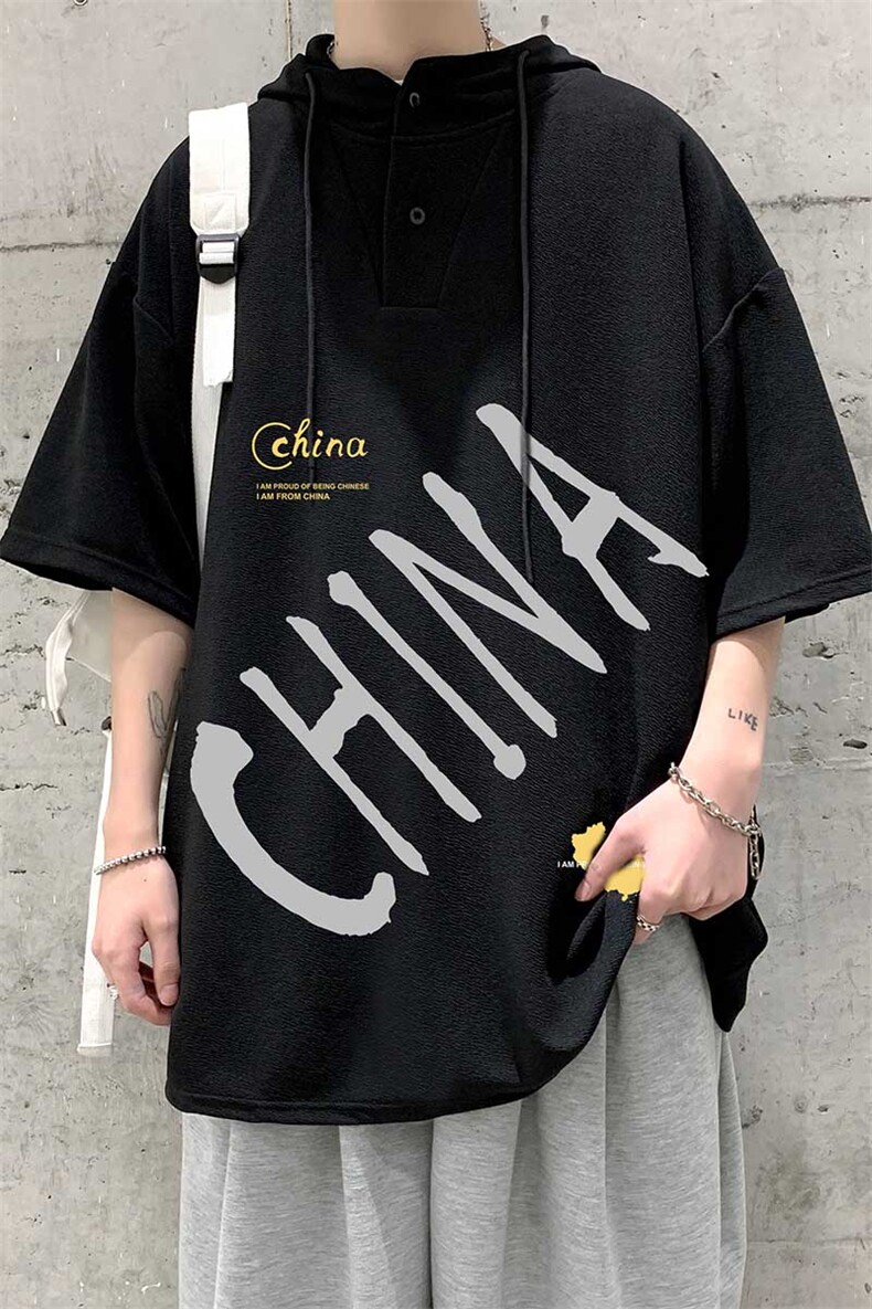 LD54208-P45连帽短袖t恤男大码胖子带帽五分袖中袖大皂风,男装T恤,电商A040