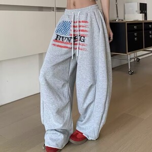 美式运动卫裤弯刀灰色hiphop阔腿长裤女嘻哈街舞宽松休闲跳舞裤子图片
