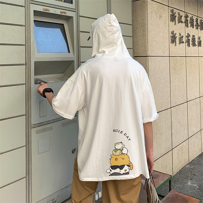 LD54090-P45连帽短袖t恤男大码胖子带帽五分袖中袖,男装T恤,电商A040