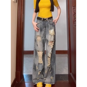 美式复古扎染阔腿破洞牛仔裤女新款废土风水洗拖地长裤LA1311-P50图片