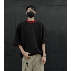 新款夏季老钱风圆领撞色落肩纯色男T恤1213-P38，男装T恤，电商A071