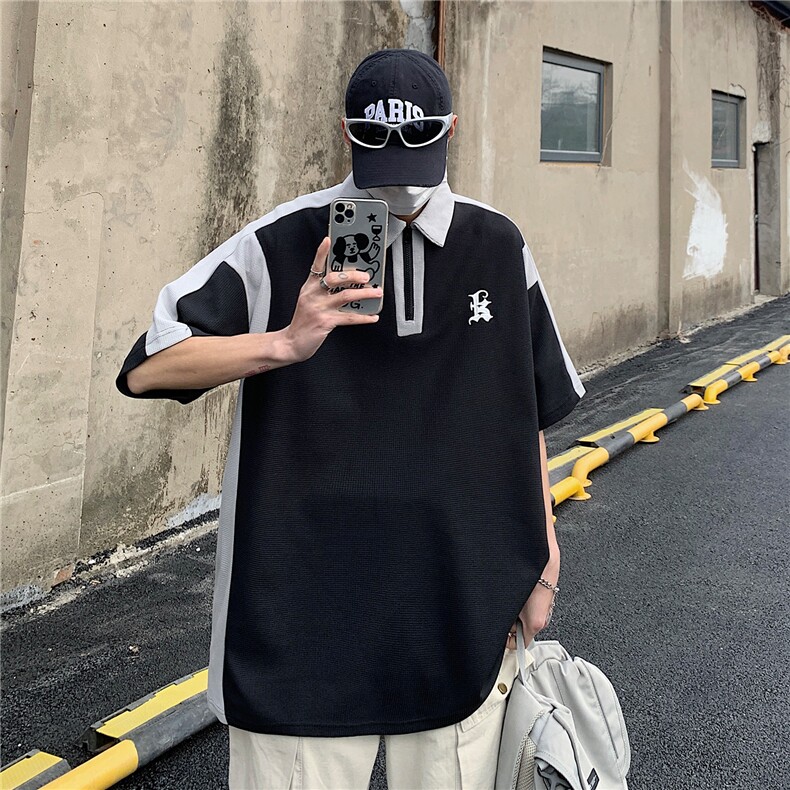 主推夏季潮美式简约字母绣花短袖T恤华夫格polo衫男D253P48,男装T恤,电商A335-1（原A458）