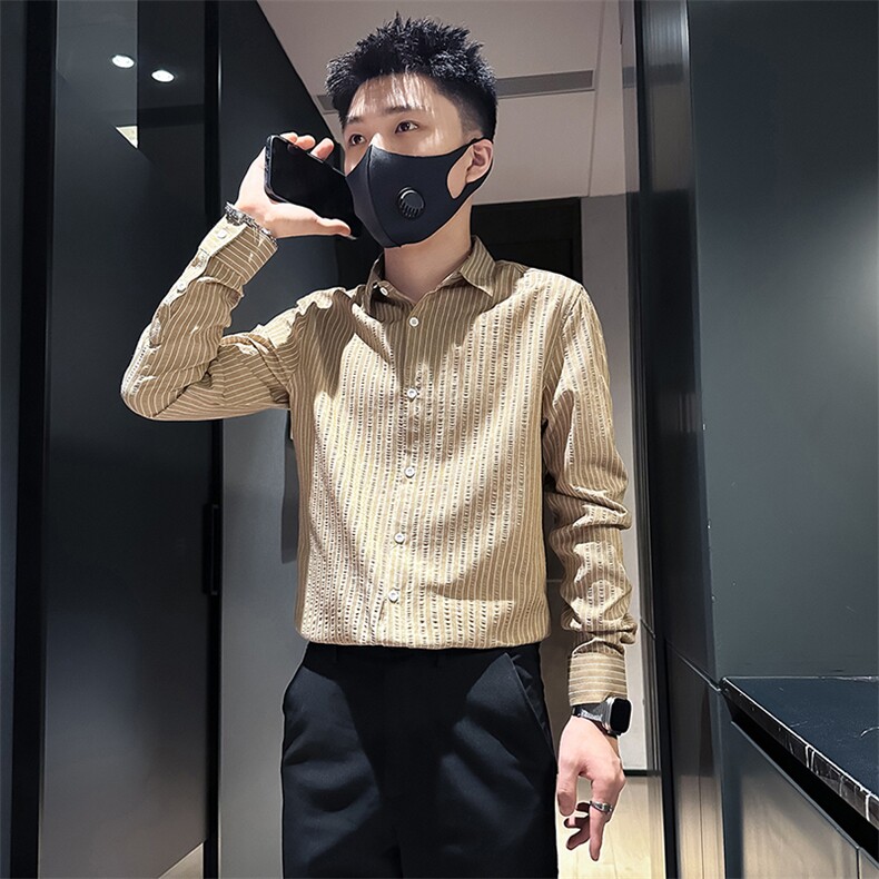 店主风条纹衬衫男长袖修身潮流百搭社会小伙301C-CS07-P58控78,男装衬衫,星座301C（原B323）