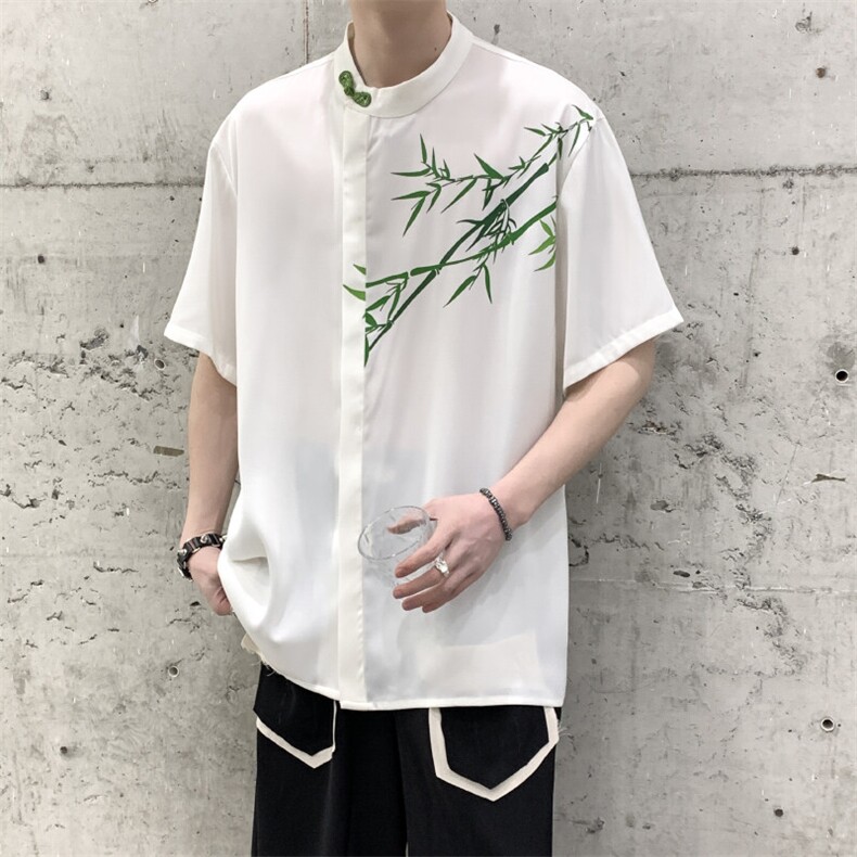 夏装2025新中式小众竹子冰丝印花短袖衬衫男女大码长袖衬衣,男装衬衫,星座909