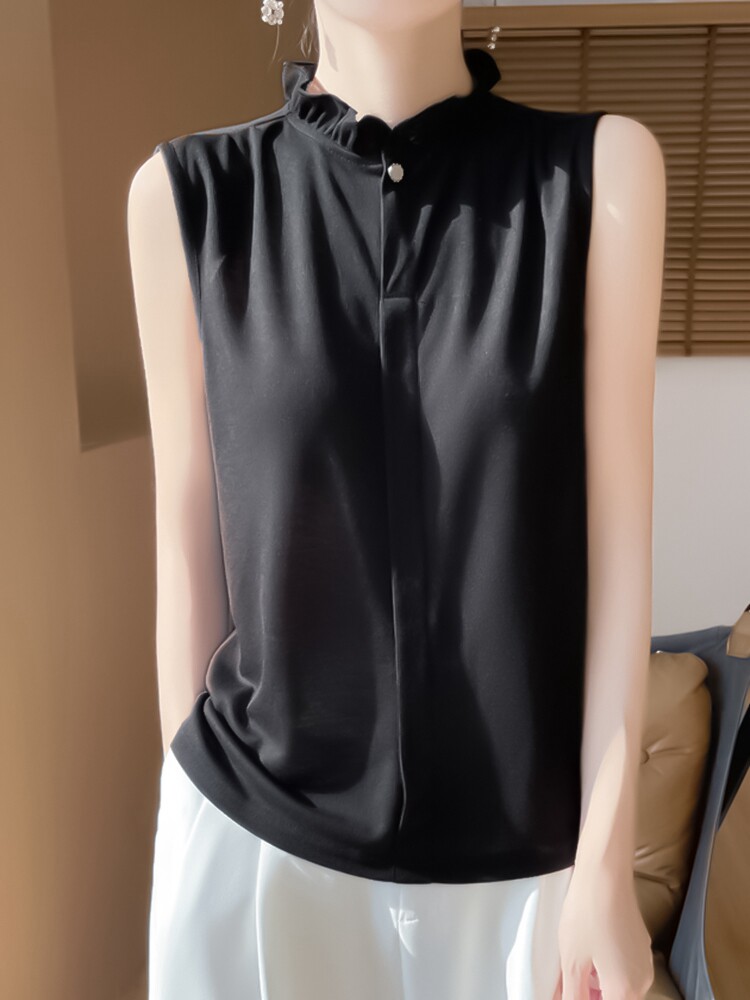 无袖女夏季木耳领袖衫宽松简约百搭纯色女上衣,针织衫/毛衣,绒宛羊绒