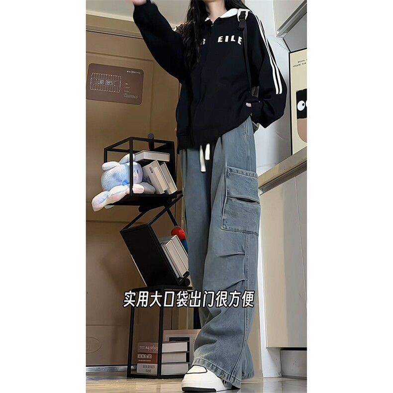 港风水洗直筒牛仔裤男女同款复古休闲工装潮流宽松长裤K646TP55,男装牛仔裤,电商A102B