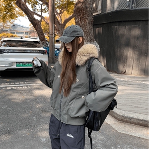 现货重磅boxy短款棉衣座山雕大毛毛领男女棉服水洗工装厚外套图片