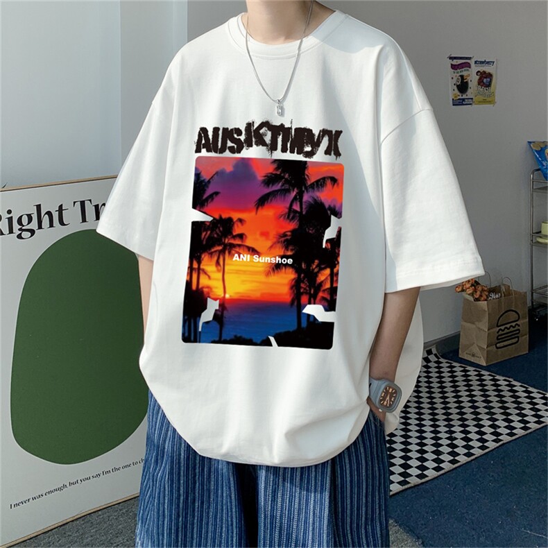 ！23夏季新款宽松大码港风日落风景短袖纯棉T恤T1998-P25，男装T恤，星座508（原C305）