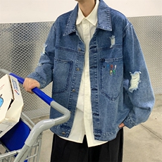 2023新款春装牛仔夹克破洞宽松bf风韩版港风潮1303A-1-NZ01-P68，男装夹克，星座1611B