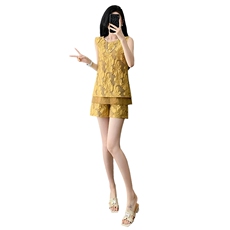 时尚气质减龄套装女夏新款新中式风提花刺绣上衣阔腿短裤两件套，女装套装/套裙，2C310