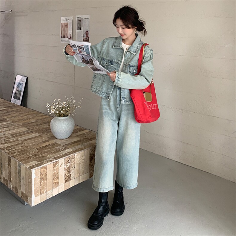 浅蓝色复古牛仔套装女2025春新款甜酷风时尚外套七分阔腿裤两件套图片
