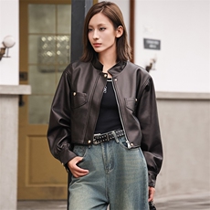 现货仿绵羊皮皮衣女短款时尚外套小立领机车款2024春秋新款潮显高，女装皮衣，潮流依族