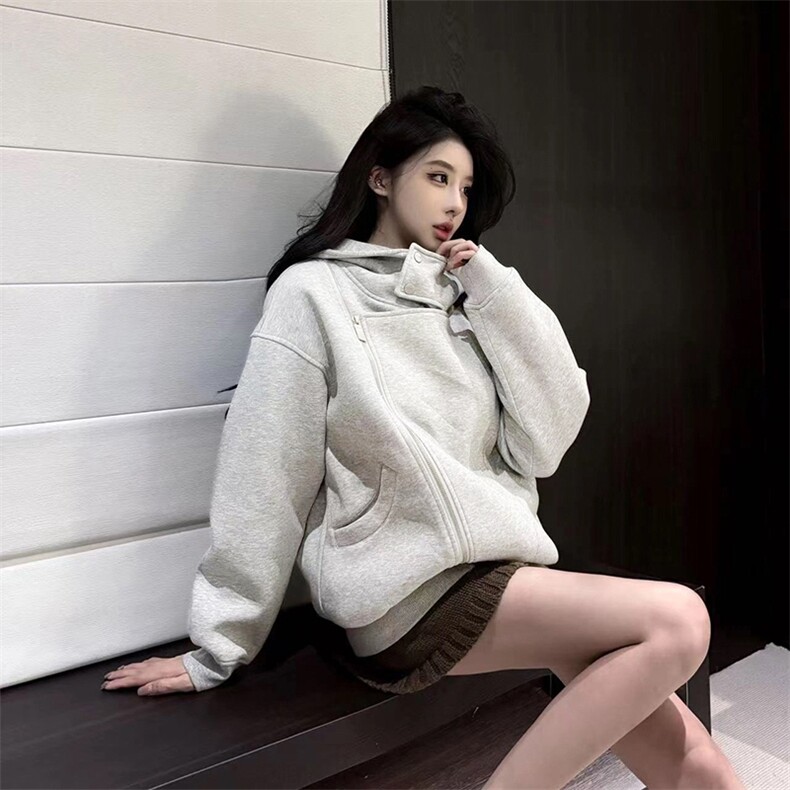 抖音得物品质26春装美式重磅结构斜拉链高领连帽卫衣开衫外套W61,女装短外套,电商A486-1