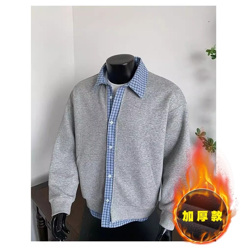 网图格子拼接假两件卫衣男美式开衫外套JK710常规特P50加绒特P52，女装短外套，星座1007（原301D）