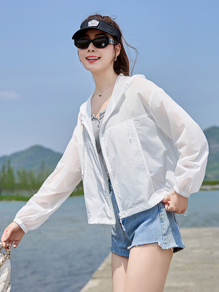 防晒衣女短款薄外套2025夏季新款防紫外线透气户外百搭连帽防晒服,女装防晒衣,以桐