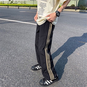 夏季美式复古三杠条纹速干裤薄款裤子男宽松大码港风休闲长裤图片