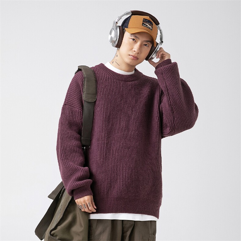 重磅粗针坑条肌理毛衣男秋冬季基础款纯色宽松圆领K4092-P45控68,男装针织衫/毛衣,电商A362