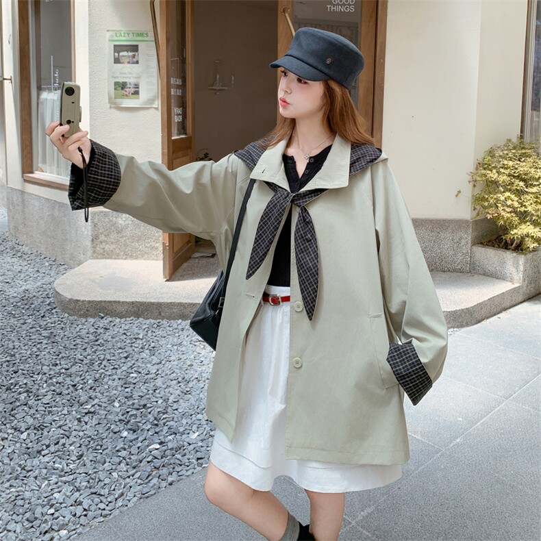 韩版减龄撞色格子连帽风衣外套女2025春秋季新款休闲显瘦气质上衣图片
