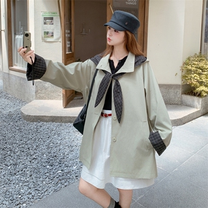 韩版减龄撞色格子连帽风衣外套女2025春秋季新款休闲显瘦气质上衣图片