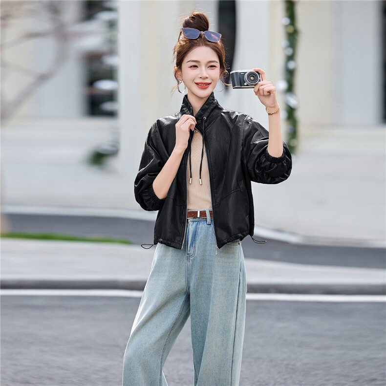 高端欧货春季新款高级感时尚抽绳立领外套宽松休闲夹克衫上衣女,女装皮衣,美拉德工厂直营店