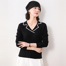 撞色翻领长袖针织衫女薄款2025新款秋季羊毛衫polo领修身套头毛衣，女装针织衫/毛衣，佳绒包芯纱店