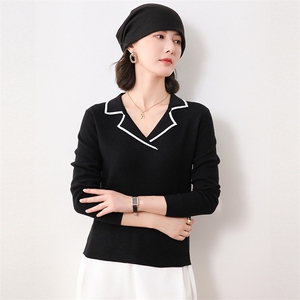 撞色翻领长袖针织衫女薄款2025新款秋季羊毛衫polo领修身套头毛衣图片