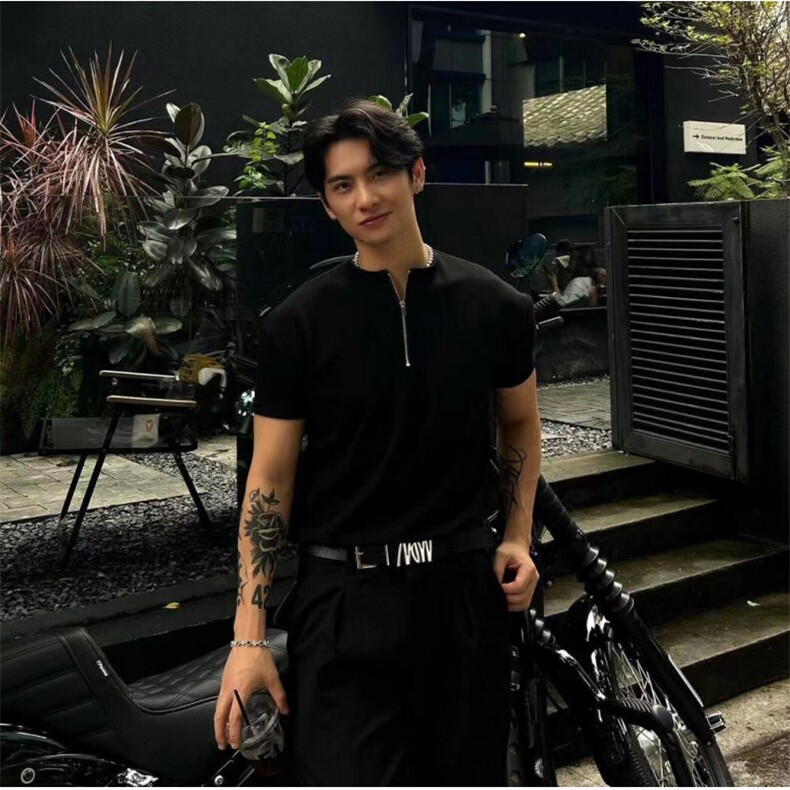 半拉链亨利领设计感黑色收袖口T恤短袖男夏季潮牌痞帅高级感半袖,男装T恤,四季星座505