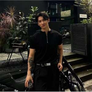 半拉链亨利领设计感黑色收袖口T恤短袖男夏季潮牌痞帅高级感半袖图片