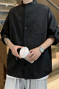 C9066/P35新款满天星烫金个性短袖衬衣男宽松衬衫7分袖可调节图片