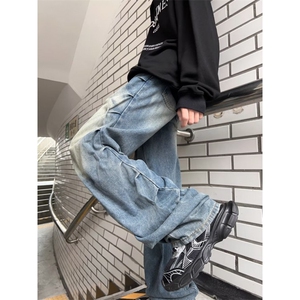 美式复古 牛仔裤男褶皱设计感牛仔裤阔腿裤痞帅欧美裤子XN856-P53图片