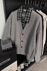 网图-假两件格子衬衫领毛衣男女秋冬针织开衫外套9158-P78，男装针织衫/毛衣，电商B380（原B361）