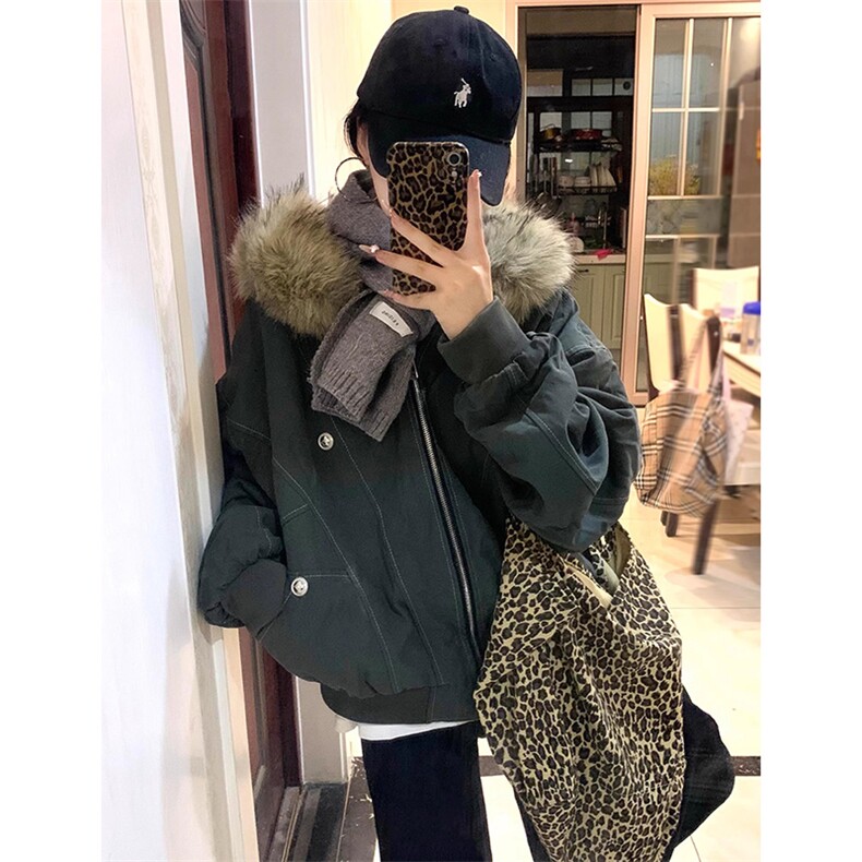 现货重磅boxy短款棉衣座山雕大毛毛领男女棉服水洗工装厚外套,男装棉衣,电商A486-1
