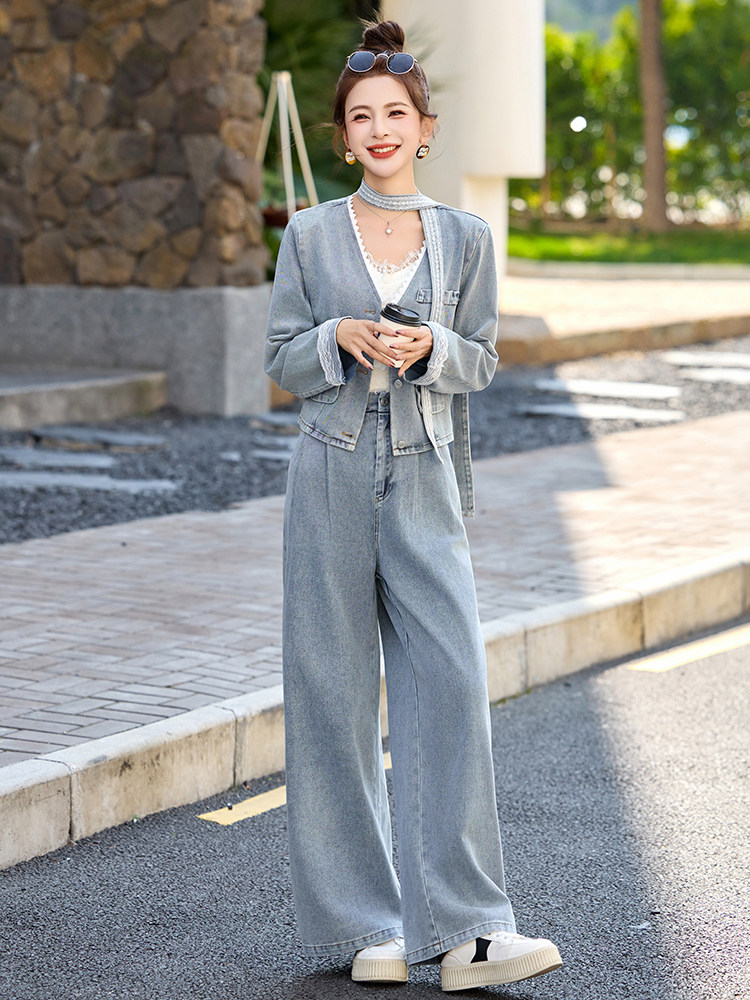 时尚蕾丝花边牛仔套装女2025春季新款超火穿搭短外套阔腿裤两件套,女装套装/套裙,贵人树
