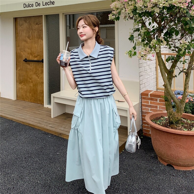 高级感条纹T恤设计感显瘦上衣韩系工装半身裙时尚两件套装,女装套装/套裙,2C166