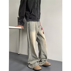 美式高街牛仔裤男士韩版潮流帅气刺绣2025春季ins长裤RK2296-P50，男装牛仔裤，星座412-3