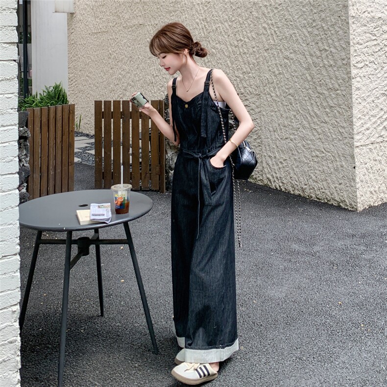 韩系休闲牛仔背带裤女2025夏季淡人高级感宽松显瘦气质阔腿连体裤,女装套装/套裙,2C239