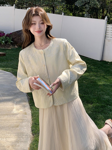 上亮片麻料重工外套春季中国甜美宽松单件短款圆领单排扣2025图片
