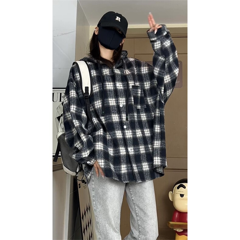 磨毛加厚连帽外套秋季美式慵懒风格子长袖衬衫C2257-特价P45,男装衬衫,电商A007