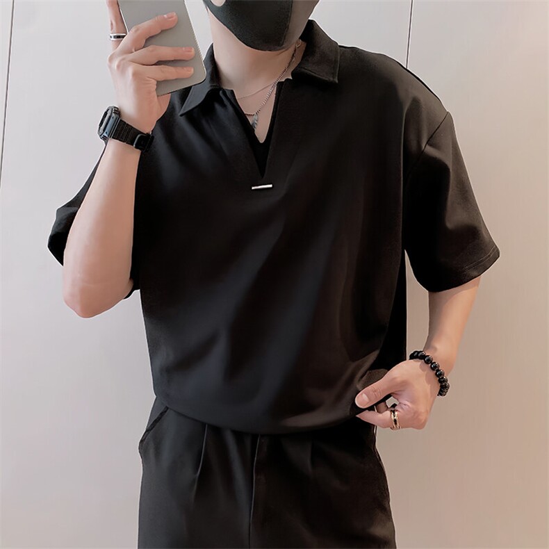 S89/P58控78夏季小伙轻奢假两件双V短袖Polo衫男装痞帅T恤黑色首2图片
