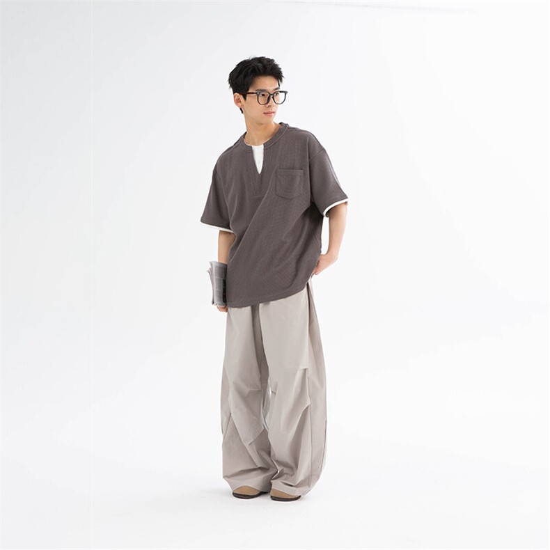南夏乔装2025夏季新款日系复古华夫格假两件短袖潮流中性圆领T恤,男装T恤,电商S006（B521）