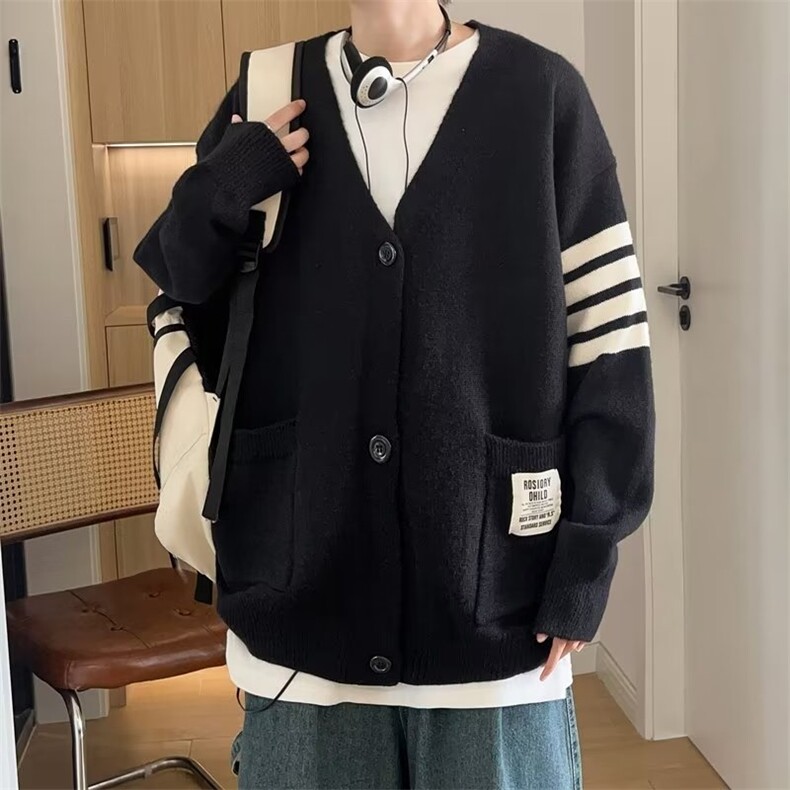 开衫v领毛衣秋冬季男针织衫慵懒风上衣条纹针织衫 YM022 P45图片