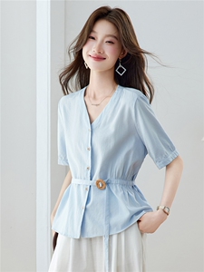 现货2026年夏季度假风慵懒氛围感时尚优雅休闲褶皱收腰女士衬衫图片