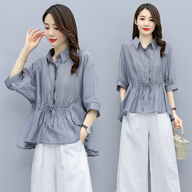 水衣源夏天丝超薄纯色宽松半袖衬衣女（配大弹力吊带），女装衬衫，水衣源