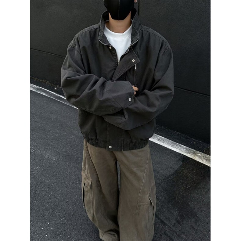 美式复古卡其立领工装夹克cleanfit高级感短宽巴恩风外套jk173p65,男装夹克,电商D315