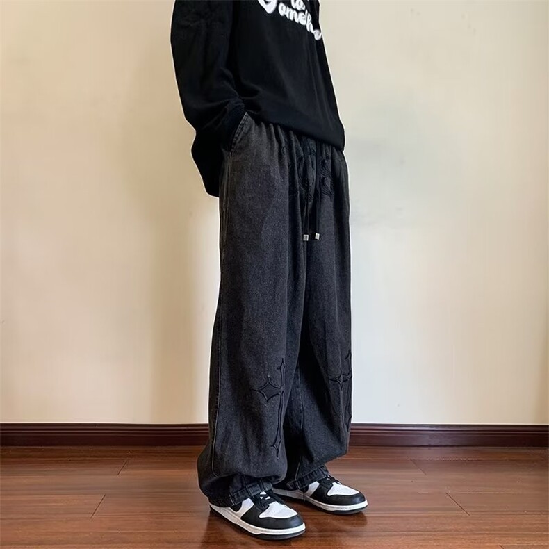 复古牛仔裤男嘻哈高街ins刺绣潮牌宽松直筒拖地长裤阔腿裤N599,男装牛仔裤,星座1116A-1（原606A）